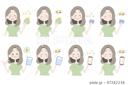 【お金イラスト/お財布、カード、電卓、スマホを持っている女の子】表情とポーズのバリエーションセット 97262236