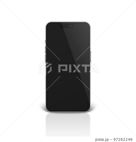 Vector 3d Realistic Silver, Chrome, Steel Modern Smartphone Design Template Closeup Isolated on White Background with Reflection. Mobile Phone Mockup. Telephone Device UI UX, Phone in Front View 97262246