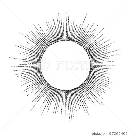 Dotted sunbeam round frame. Black grainy sunburst text template. Textured stipple rays separator and divider. Vintage design elements for labels, badges. 97262403