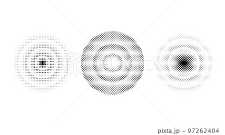 Halftone concentric circles set. Comic texture rings collection. Round dotted gradient collection. Radial design elements. Epicentre, target, radar concept. Abstract background 97262404