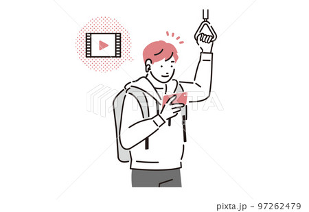 人物 通学電車の中でスマホ動画を見る大学生の男子 97262479
