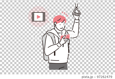 人物 通学電車の中でスマホ動画を見る大学生の男子 97262479