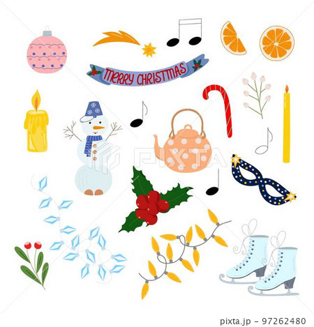 Christmas elements set holly plant, skate, snowman, candle, orange, star, garland, decoration hand drawn in simple cartoon style for winter holidays greeting card, invitation, banner, decor, stickers 97262480