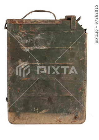 Ammo box with ammunition belt and 14.5mm cartridges for a 14.5mm KPV heavy machine gun used by the former Soviet Union isolated on white background. 97262815