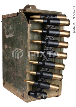 Ammo box with ammunition belt and 14.5mm cartridges for a 14.5mm KPV heavy machine gun used by the former Soviet Union isolated on white background. 97262816