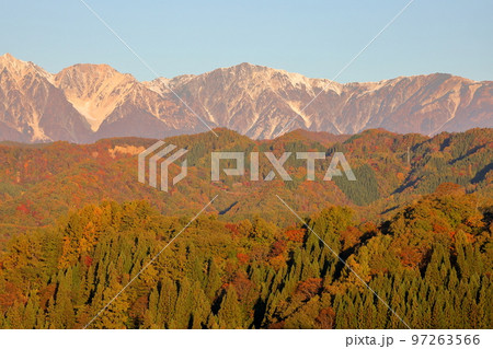 長野県上水内郡小川村稲丘 小川アルプスライン展望デッキからの朝陽を受ける北アルプス山脈と紅葉の景色 長野県上水内郡小川村稲丘 小川アルプスライン展望デッキからの朝陽を受ける北アルプス山脈と紅葉の景色 97263566
