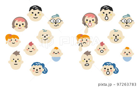 様々な世代の笑顔と戸惑った表情　セット　イラスト素材 97263783