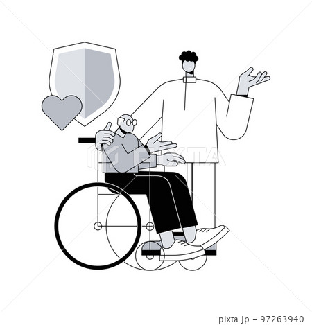 Care of the disabled abstract concept vector illustration. Disability care, downs syndrome, senior on wheelchair, help for old people, professional home nursing services abstract metaphor. 97263940