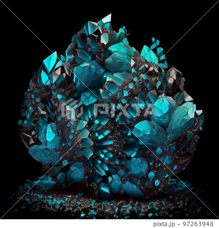 Shiny Sea blue Crystal Turquoise gem isolated on black background. Natural precious mineral stone artistic illustration. Decorative Sea blue Crystal Turquoise gemstone poster. 97263948