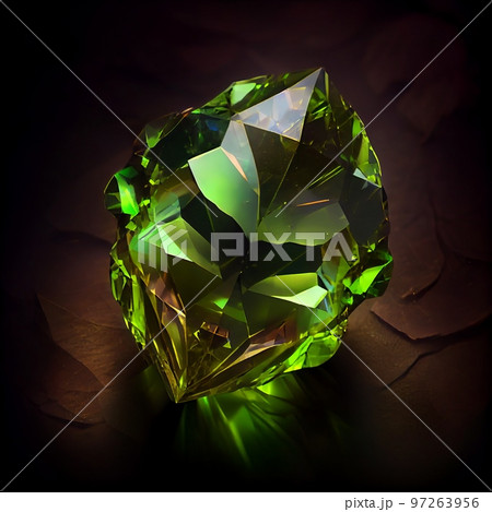 Shiny Green Peridot crystal gem isolated on black background. Natural precious mineral stone artistic illustration. Decorative Green Peridot crystal realistic gemstone square poster. 97263956