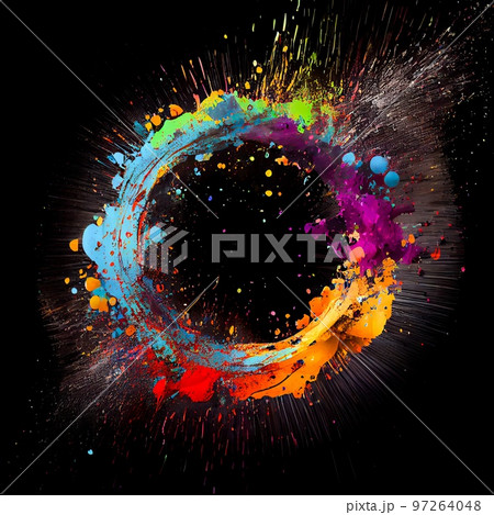 Neonpaint circle splash isolated on black background. Neoncolor acrylic blots abstract splashes. Grunge circle frame design. 97264048