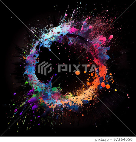 Colorfull paint circle splash isolated on black background. Colorfull color acrylic blots abstract splashes. Grunge circle frame design. 97264050