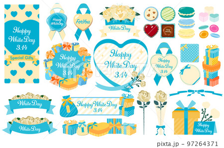 リボンやハート・ギフトをあしらったホワイトデーのベクターフレームとイラストのセット素材_青緑_背景透 97264371