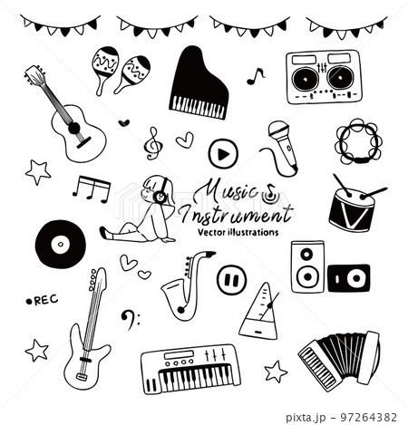 ワンポイトにも使える音楽の手書きアイコン　線画 97264382