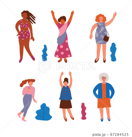 Diverse Woman Standing with Raised Hands Showing Self Confidence Vector Set Diverse Woman Standing with Raised Hands Showing Self Confidence Vector Set 97264525