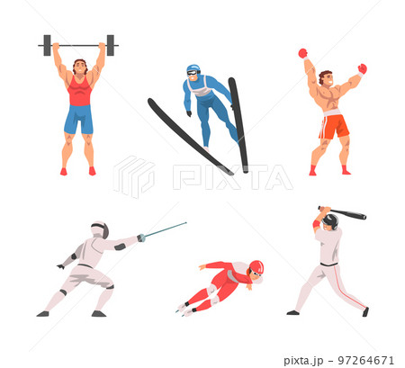 Man Character Lifting Barbell, Skiing, Boxing, Fencing, Ice Skating and Playing Baseball Vector Set Man Character Lifting Barbell, Skiing, Boxing, Fencing, Ice Skating and Playing Baseball Vector Set 97264671