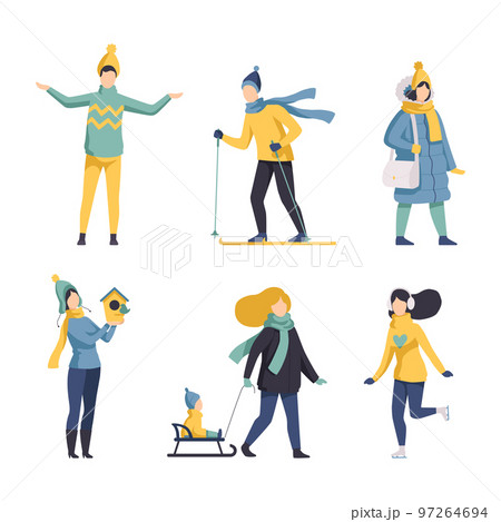 People Characters in Warm Winter Clothes Walking Outdoor in Cold Season Vector Set People Characters in Warm Winter Clothes Walking Outdoor in Cold Season Vector Set 97264694