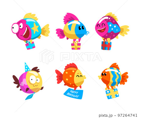 Funny Fish Character Floating with Gift Box Celebrating Holiday Vector Set Funny Fish Character Floating with Gift Box Celebrating Holiday Vector Set 97264741