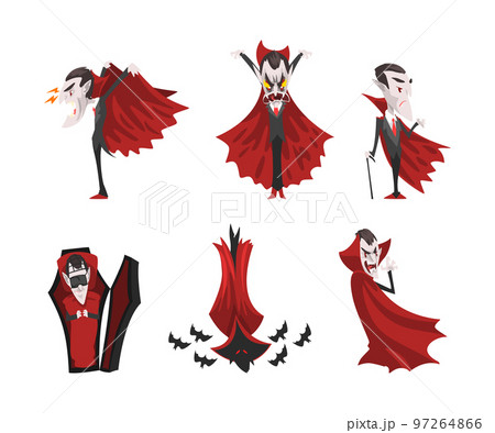 Count Dracula as Scary Vampire Character Wearing Red Cape Vector Set 97264866