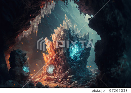 洞窟 ファンタジー イラスト クリスタル 鉱石 採掘場のイラスト素材