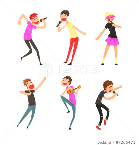 Rock and Pop Singers with Microphone Singing Performing on Stage Vector Set 97265473