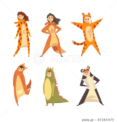 Man and Woman Dressed in Onesie Representing Various Animal Vector Set 97265475