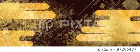 平安時代風金色の優雅な雲と金箔、金粉、砂子の舞う日本画風テクスチャと黒背景ワイドサイズイラスト 97265477