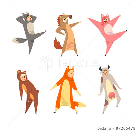 Man and Woman Dressed in Onesie Representing Various Animal Vector Set 97265479
