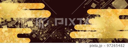 平安時代風金色の優雅な雲と金箔、金粉、砂子の舞う日本画風テクスチャと黒背景ワイドサイズイラスト 97265482