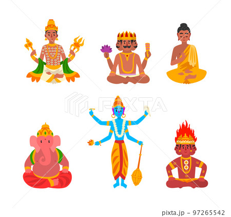Indian Gods and Deity with Vishnu, Shiva, Brahma, Ganesha and Sitting Buddha Vector Set 97265542