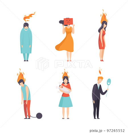Burn out Stressed Man and Woman Feeling Fatigue and Exhaustion Vector Set Burn out Stressed Man and Woman Feeling Fatigue and Exhaustion Vector Set 97265552
