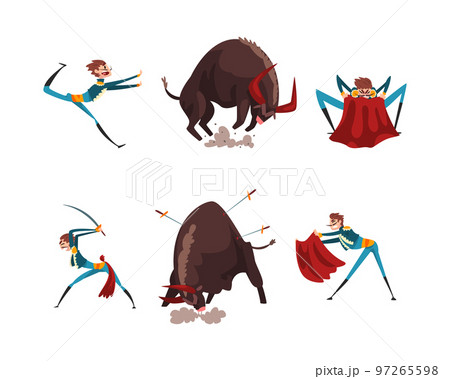 Bullfighter or Matador with Red Cloak and Furious Bull Vector Set 97265598