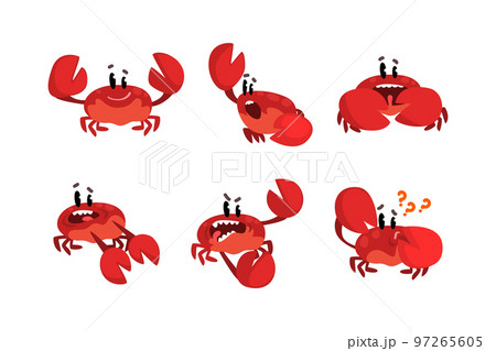 Funny Red Crab Aquatic Creature with Pincers with Different Emotion Vector Set Funny Red Crab Aquatic Creature with Pincers with Different Emotion Vector Set 97265605