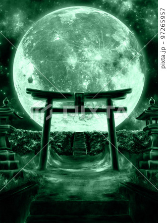 大きな月と鳥居の緑色のイラスト 大きな月と鳥居の緑色のイラスト 97265957