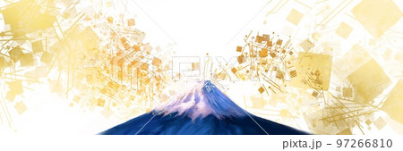 雪化粧の美しい富士山と金箔、金粉、砂子の舞う日本画風背景ワイドサイズイラストと白背景	 97266810