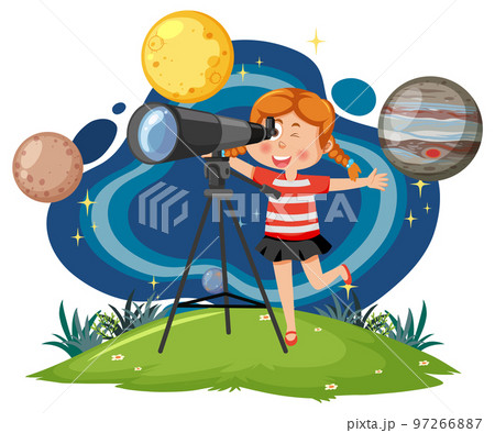 Little girl observing the sky with a telescope 97266887