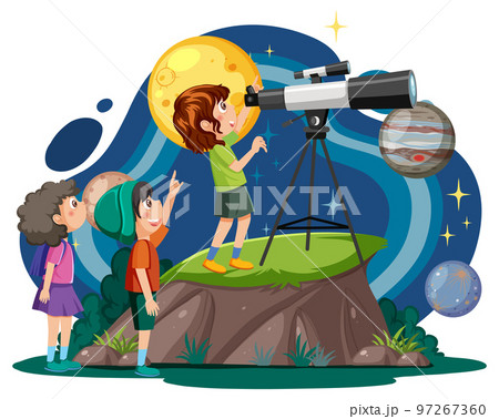 Kids observing the sky with a telescope 97267360