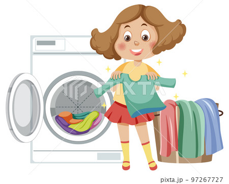 Cartoon girl doing laundry with washing machine 97267727