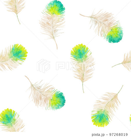 Beautiful seamless pattern with watercolor hand drawn green bird feathers. Stock illustration. 97268019
