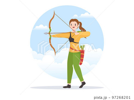 Archery Sport with Bow and Arrow Pointing at Target for Outdoor Recreational Activity in Flat Cartoon Hand Drawn Template Illustration 97268201