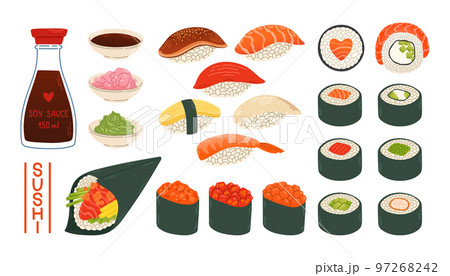 Sushi rolls gunkan temaki soy sauce ginger wasabi set japan asian food vector logo design pack isolated 97268242