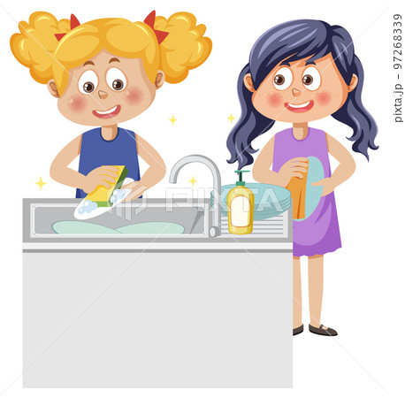 Two kids washing dishes together 97268339