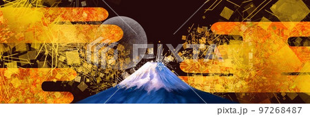 平安絵画風の金箔雲と美しい富士山と金箔、金粉、砂子の舞う日本画風背景ワイドサイズイラストと黒背景 97268487