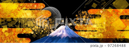 平安絵画風の金箔雲と美しい富士山と金箔、金粉、砂子の舞う日本画風背景ワイドサイズイラストと黒背景 97268488