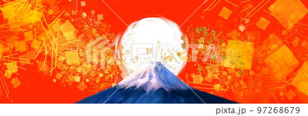 新年の初日の出と美しい富士山と金箔、金粉、砂子の舞う日本画風背景ワイドサイズイラストと赤背景 新年の初日の出と美しい富士山と金箔、金粉、砂子の舞う日本画風背景ワイドサイズイラストと赤背景 97268679