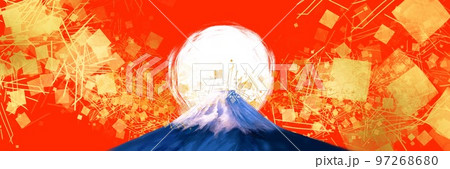 新年の初日の出と美しい富士山と金箔、金粉、砂子の舞う日本画風背景ワイドサイズイラストと赤背景 97268680