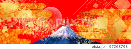 雪化粧の美しい富士山と金色すやり霞と金箔、金粉、砂子の舞う日本画風背景ワイドサイズイラストと朱色背景 97268798