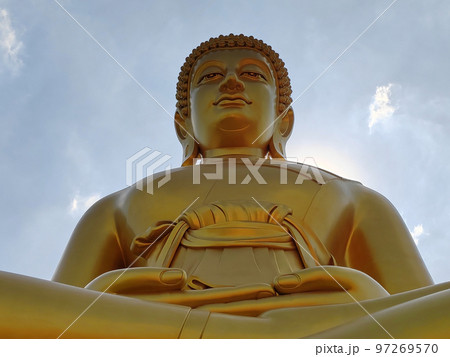 Front view Golden big Buddha statue Phra Buddha Dhammakaya Thep Mongkol in Wat Pak Nam Phasi Charoen 97269570
