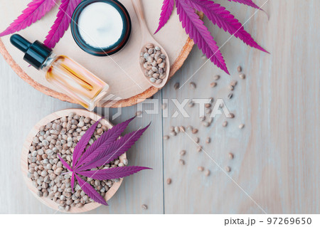 Legalized cannabis for skincare product features with set of CBD oil bottles. Legalized cannabis for skincare product features with set of CBD oil bottles. 97269650