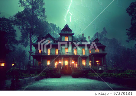 Abandoned ghost house scary night spectacular 3D illustration digital painting Abandoned ghost house scary night spectacular 3D illustration digital painting 97270131